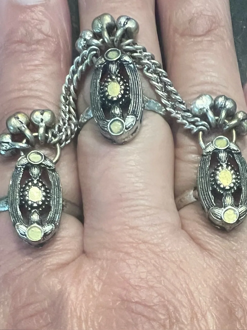 Silver-Tone Cream Accent Multi-finger Connected Ring - Women Jewelry